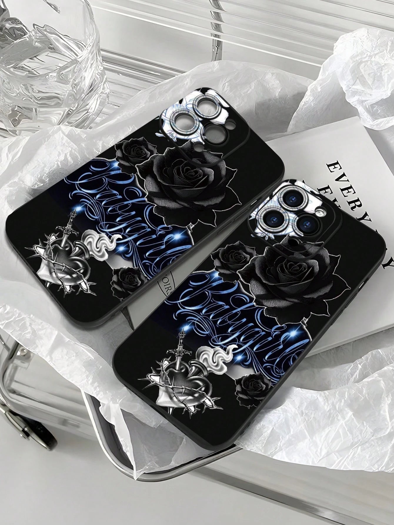 Fashionable Popular Personalized Black Rose Babygirl Script Pattern Design Theme Luxury Shockproof Aesthetic Cute Phone Case With Lens Protrusion Protection Compatible With For IPhone 17/17Pro/17Pro M