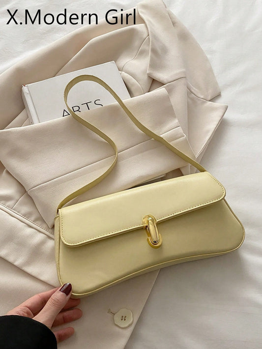 Fashionable Solid Color Metal Decor Shoulder Bag, Versatile Minimalist Chic Underarm Handbag For Women, Suitable For Shopping Yellow