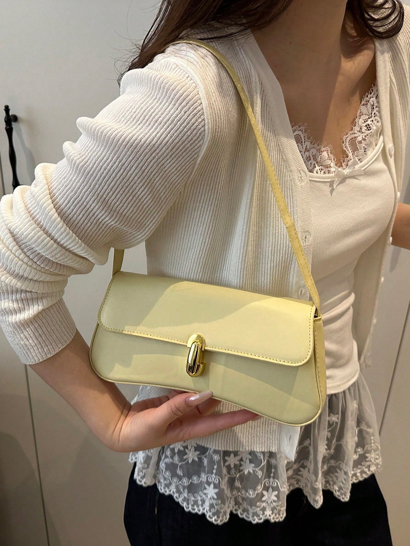 Fashionable Solid Color Metal Decor Shoulder Bag, Versatile Minimalist Chic Underarm Handbag For Women, Suitable For Shopping Yellow