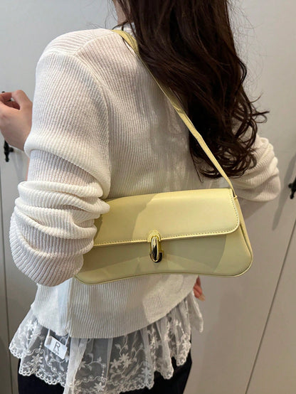 Fashionable Solid Color Metal Decor Shoulder Bag, Versatile Minimalist Chic Underarm Handbag For Women, Suitable For Shopping Yellow