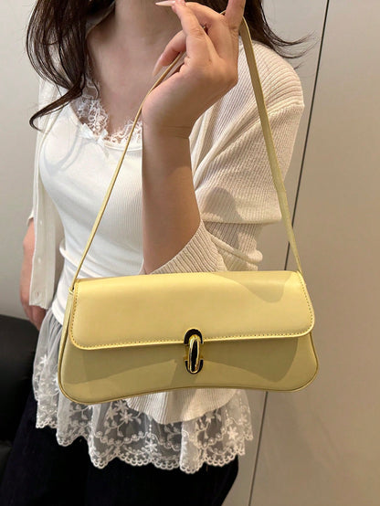 Fashionable Solid Color Metal Decor Shoulder Bag, Versatile Minimalist Chic Underarm Handbag For Women, Suitable For Shopping Yellow