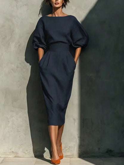 Fashionable Women's Casual Mid-Length Dress, Boat Neck Design, Three-Quarter Sleeves, Straight Hem Elegant