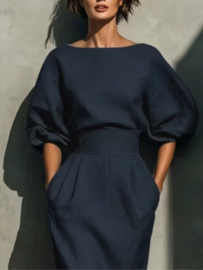 Fashionable Women's Casual Mid-Length Dress, Boat Neck Design, Three-Quarter Sleeves, Straight Hem Elegant
