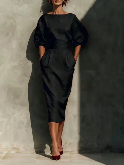 Fashionable Women's Casual Mid-Length Dress, Boat Neck Design, Three-Quarter Sleeves, Straight Hem Elegant