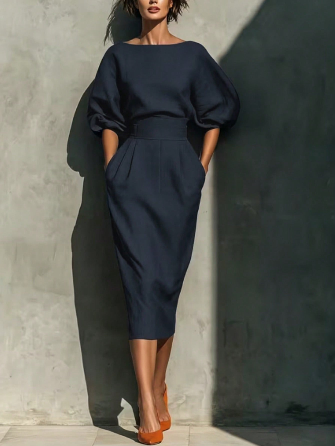 Fashionable Women's Casual Mid-Length Dress, Boat Neck Design, Three-Quarter Sleeves, Straight Hem Elegant