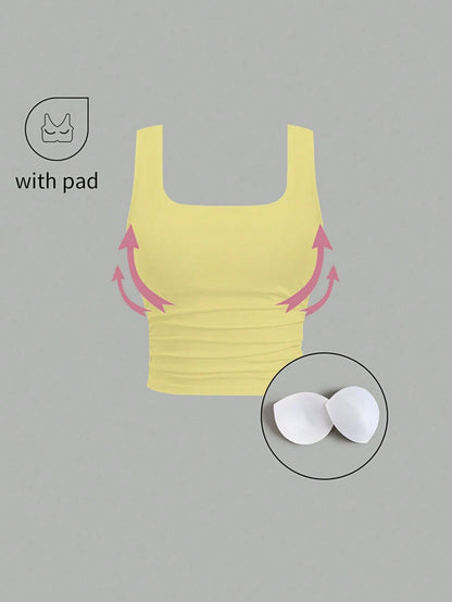 FavEase Solid Color Pleated Padded Fashionable Square Neck Casual Fitted Tank Top