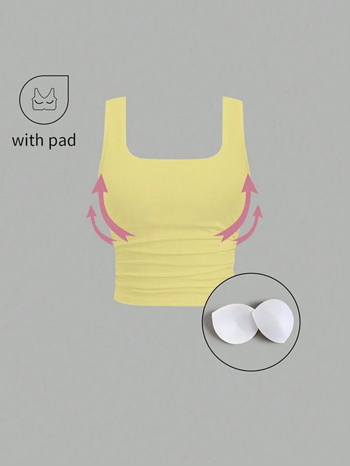FavEase Solid Color Pleated Padded Fashionable Square Neck Casual Fitted Tank Top
