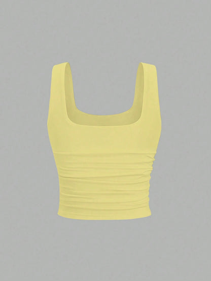 FavEase Solid Color Pleated Padded Fashionable Square Neck Casual Fitted Tank Top