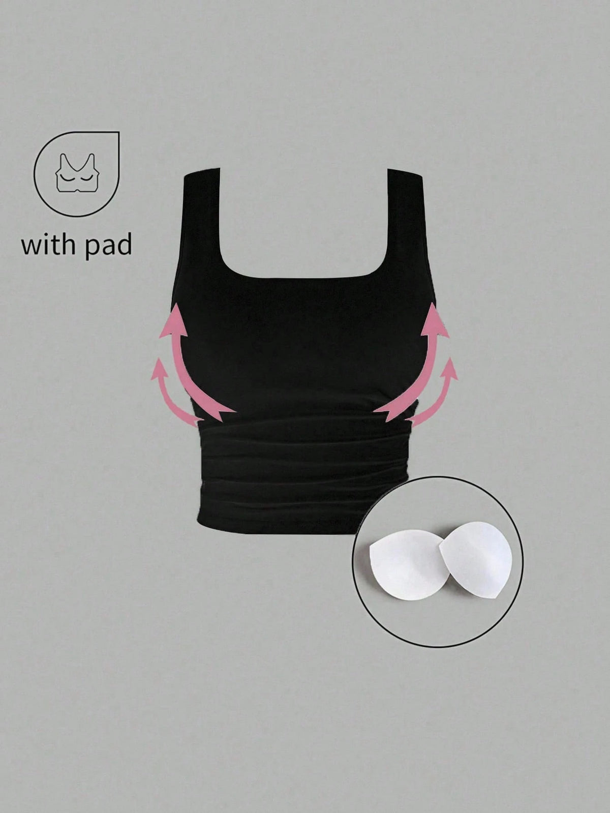 FavEase Solid Color Pleated Padded Fashionable Square Neck Casual Fitted Tank Top