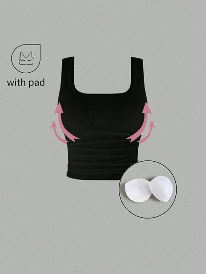 FavEase Solid Color Pleated Padded Fashionable Square Neck Casual Fitted Tank Top