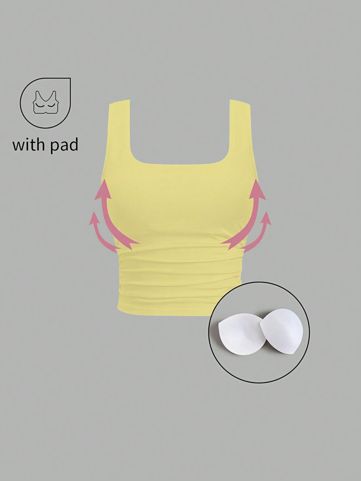 FavEase Solid Color Pleated Padded Fashionable Square Neck Casual Fitted Tank Top