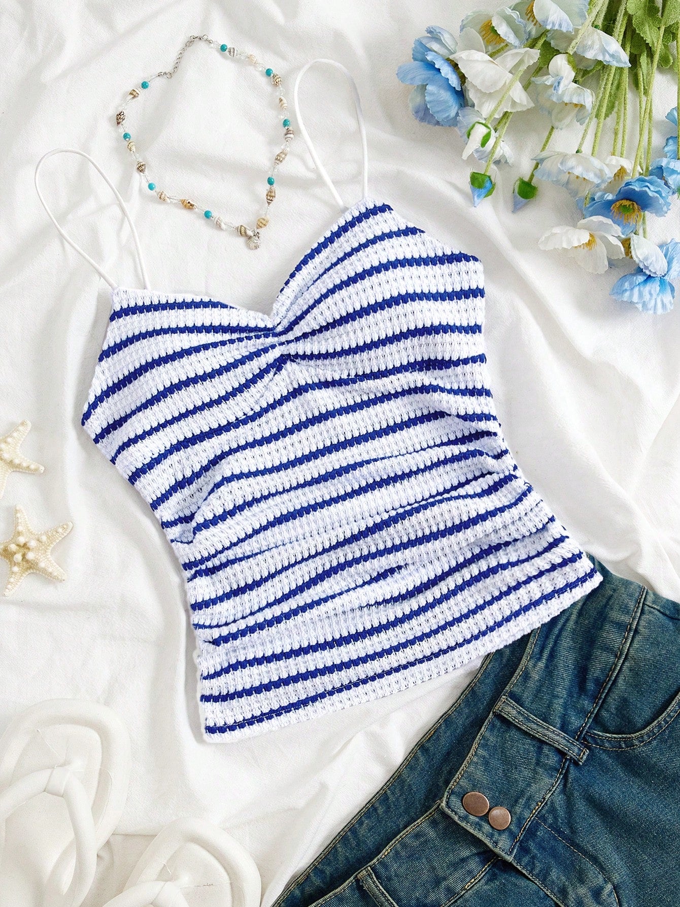 FavEase Women's Casual Ruched Striped Camisole Top, Versatile For Spring/Summer Holiday And Daily Wear