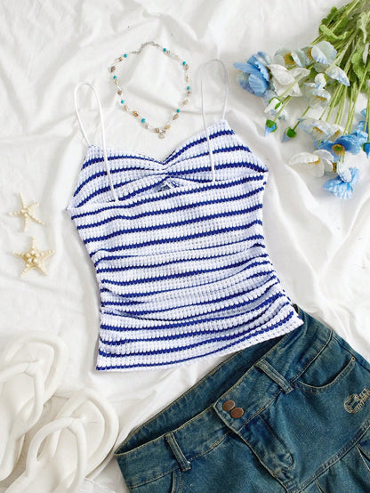 FavEase Women's Casual Ruched Striped Camisole Top, Versatile For Spring/Summer Holiday And Daily Wear