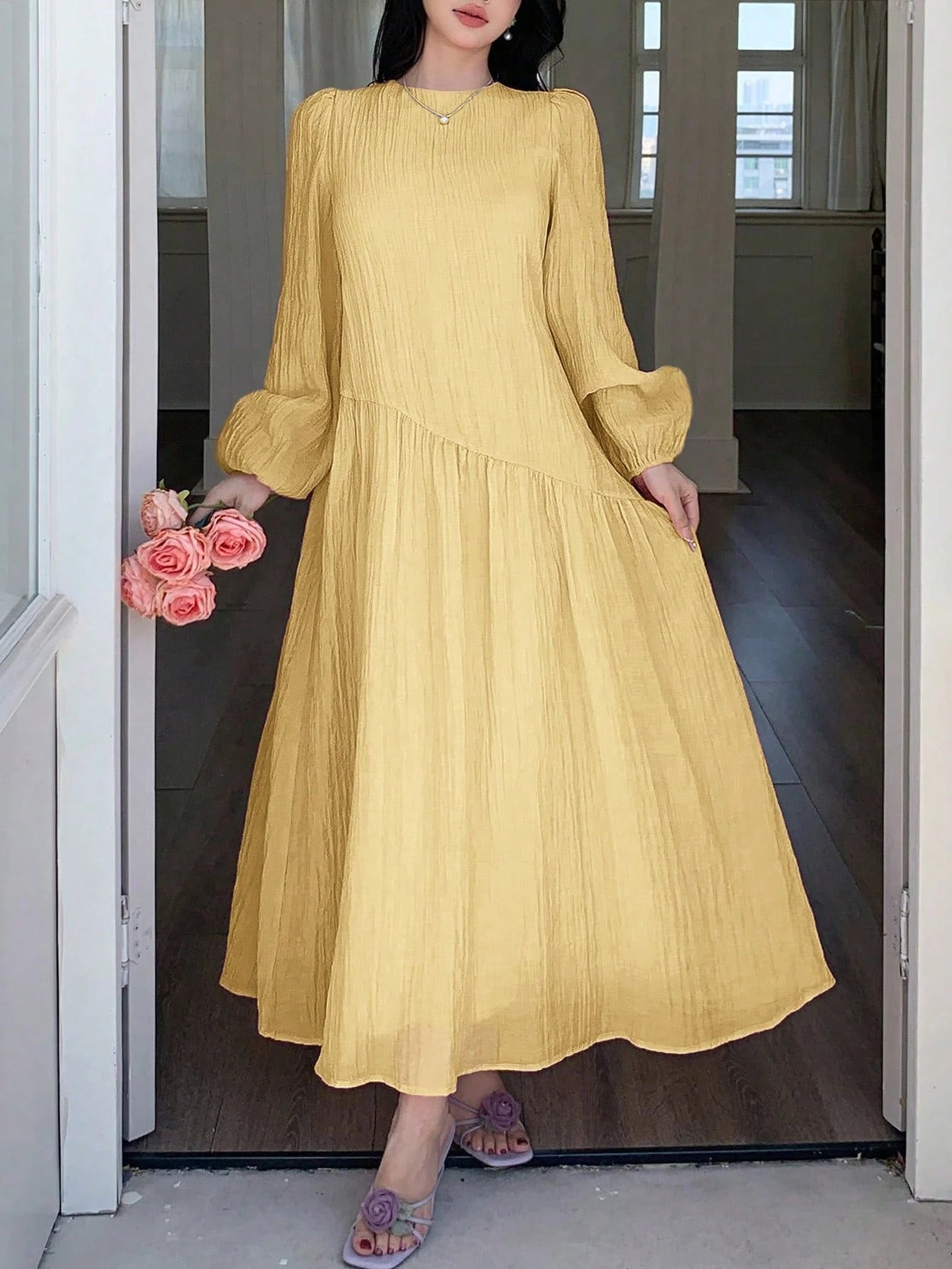 Feyla New Solid Color Loose Fit Comfortable Vacation Versatile Lantern Sleeve Dress Unlined Sleeves Unlined Sleeves Unlined Sleeves Unlined Sleeves