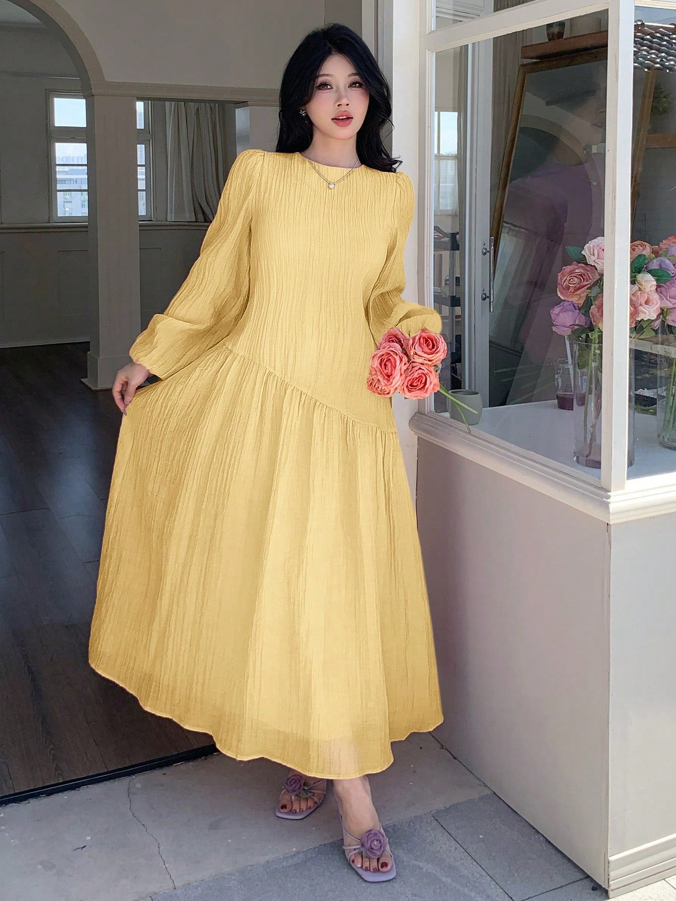 Feyla New Solid Color Loose Fit Comfortable Vacation Versatile Lantern Sleeve Dress Unlined Sleeves Unlined Sleeves Unlined Sleeves Unlined Sleeves