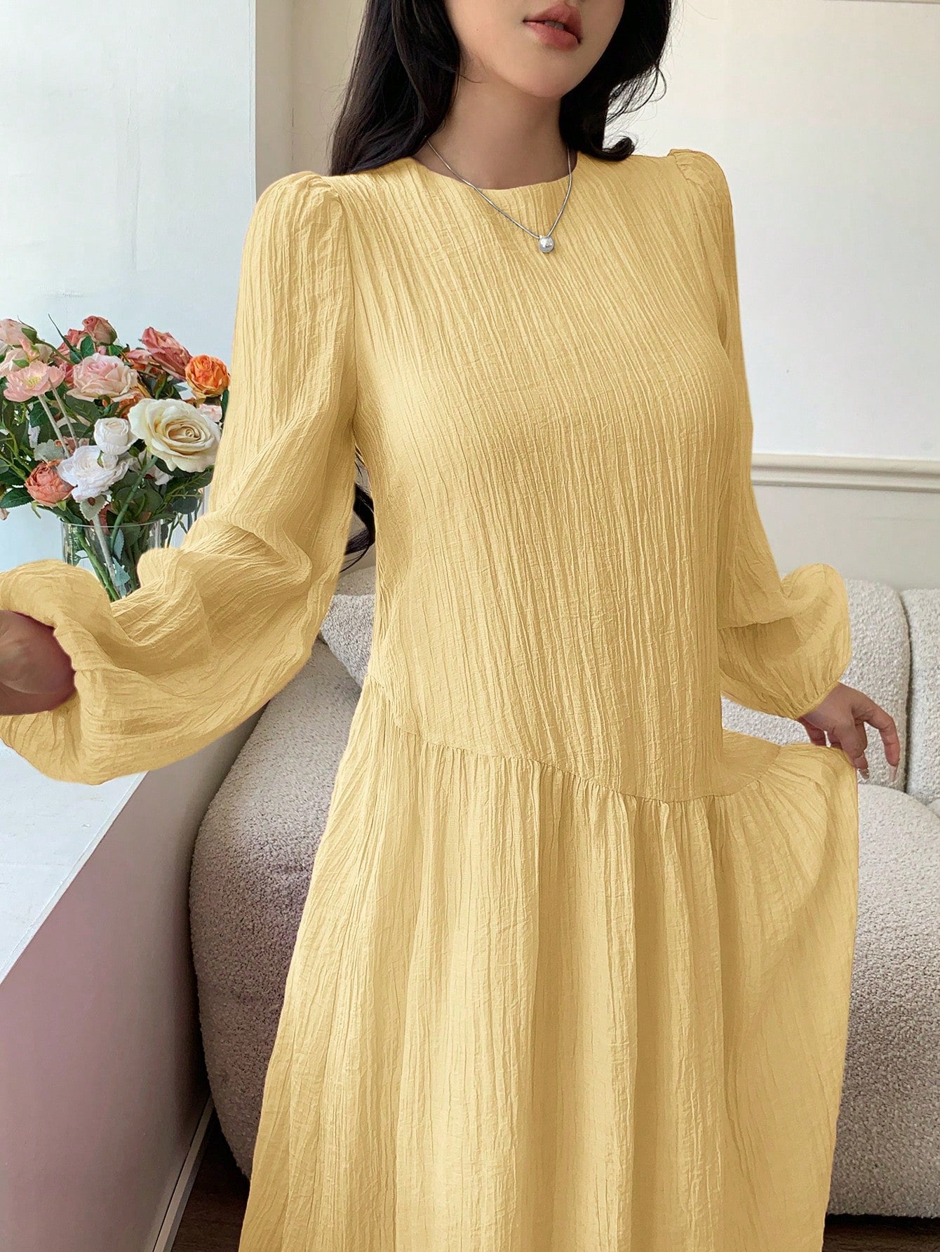Feyla New Solid Color Loose Fit Comfortable Vacation Versatile Lantern Sleeve Dress Unlined Sleeves Unlined Sleeves Unlined Sleeves Unlined Sleeves