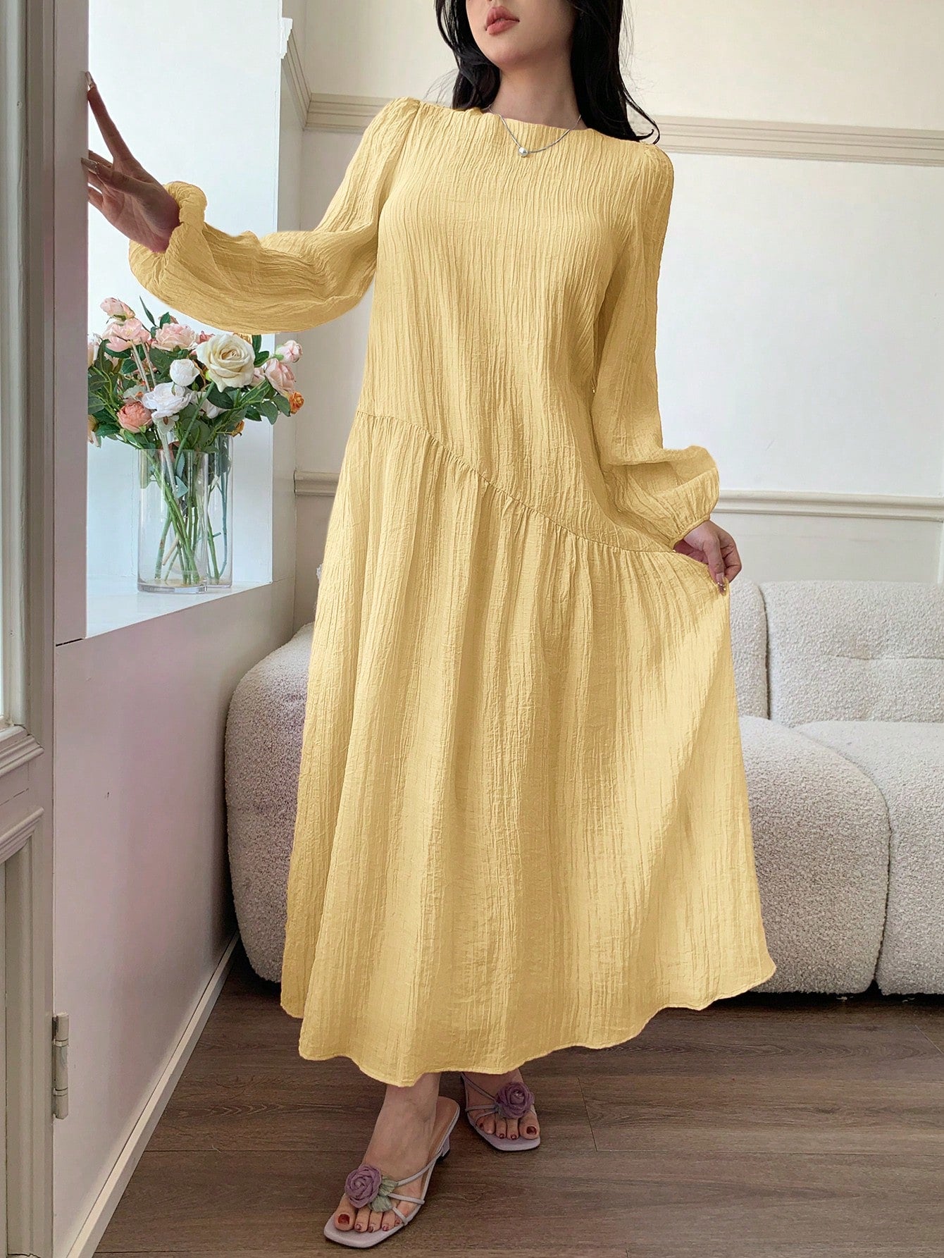 Feyla New Solid Color Loose Fit Comfortable Vacation Versatile Lantern Sleeve Dress Unlined Sleeves Unlined Sleeves Unlined Sleeves Unlined Sleeves