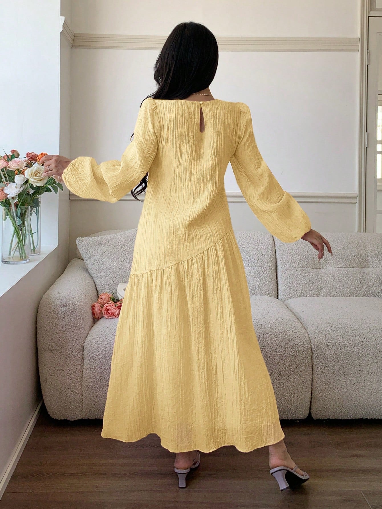 Feyla New Solid Color Loose Fit Comfortable Vacation Versatile Lantern Sleeve Dress Unlined Sleeves Unlined Sleeves Unlined Sleeves Unlined Sleeves