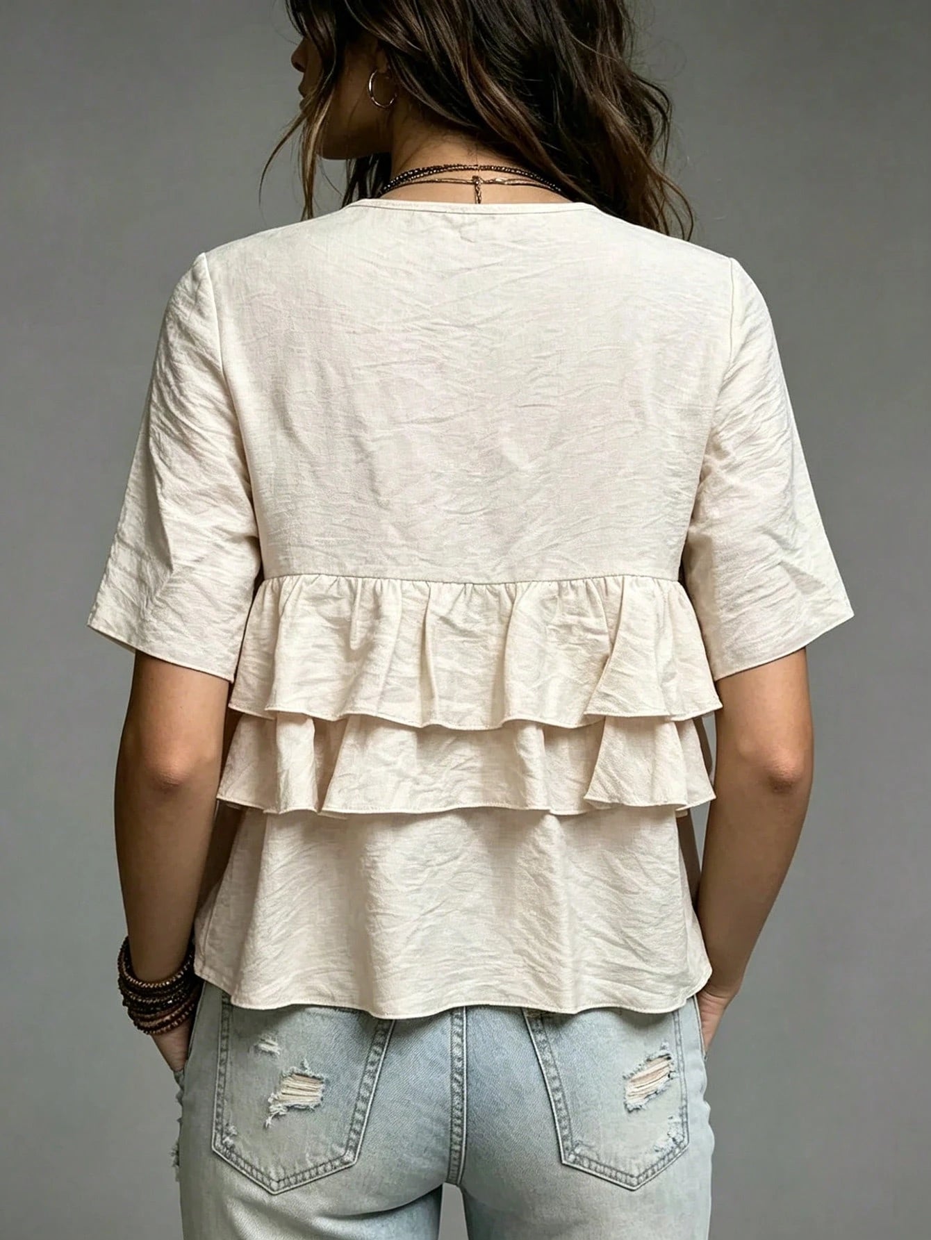 Fiorisel Women's Casual Vacation Style Textured Multi-Layer Ruffle Hem Blouse