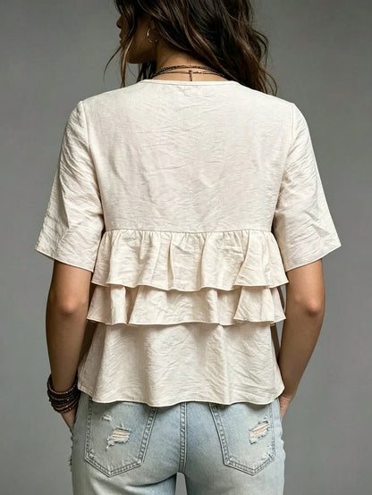 Fiorisel Women's Casual Vacation Style Textured Multi-Layer Ruffle Hem Blouse