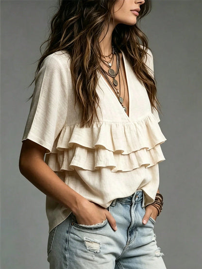 Fiorisel Women's Casual Vacation Style Textured Multi-Layer Ruffle Hem Blouse