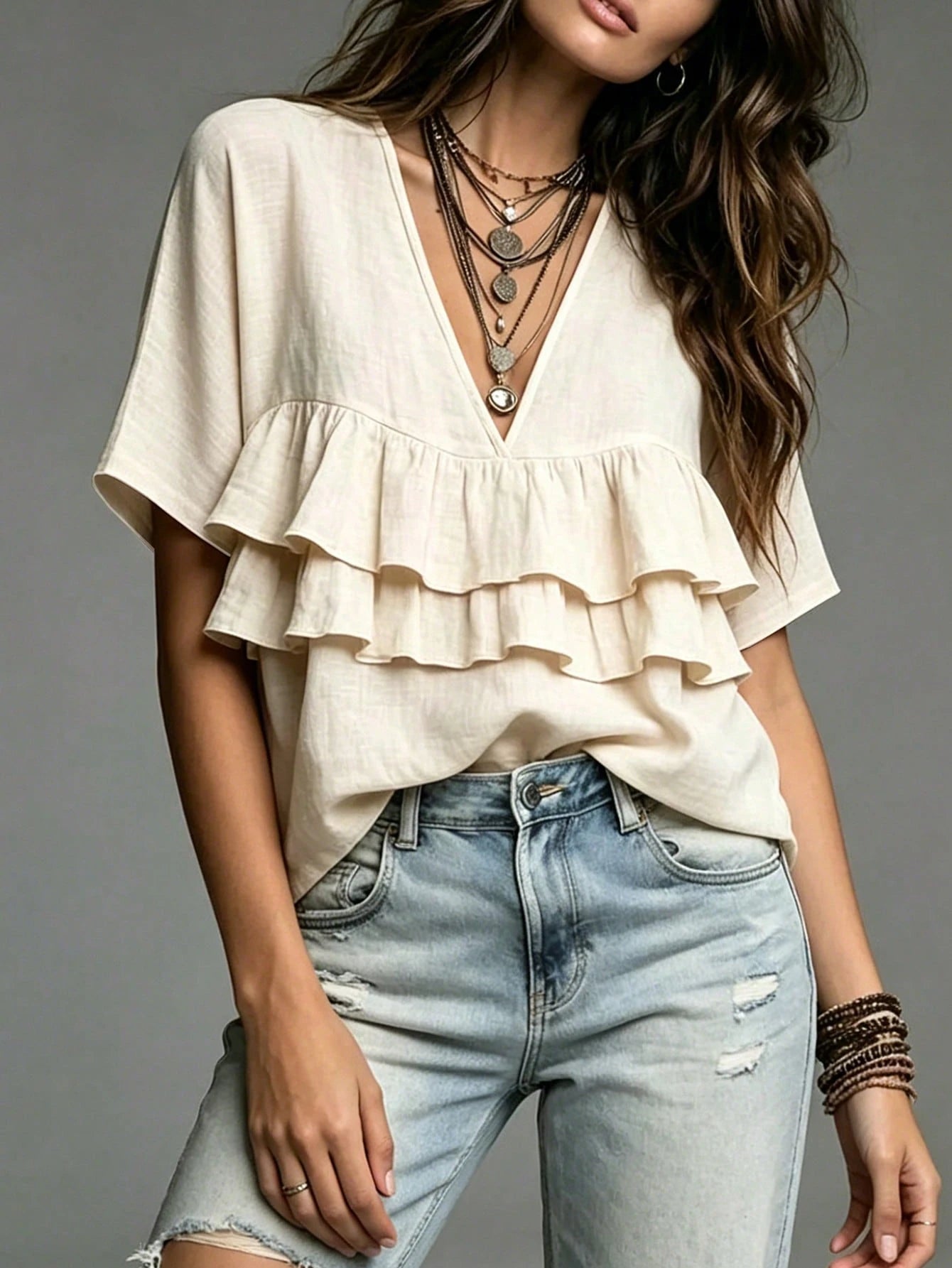 Fiorisel Women's Casual Vacation Style Textured Multi-Layer Ruffle Hem Blouse