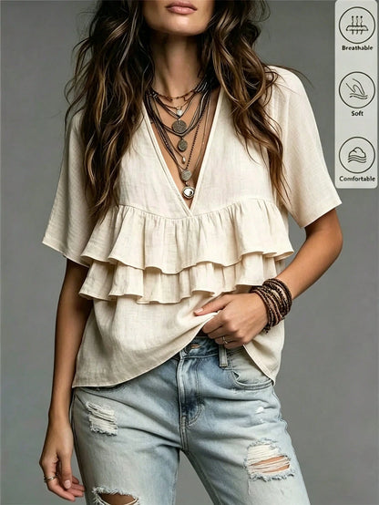 Fiorisel Women's Casual Vacation Style Textured Multi-Layer Ruffle Hem Blouse