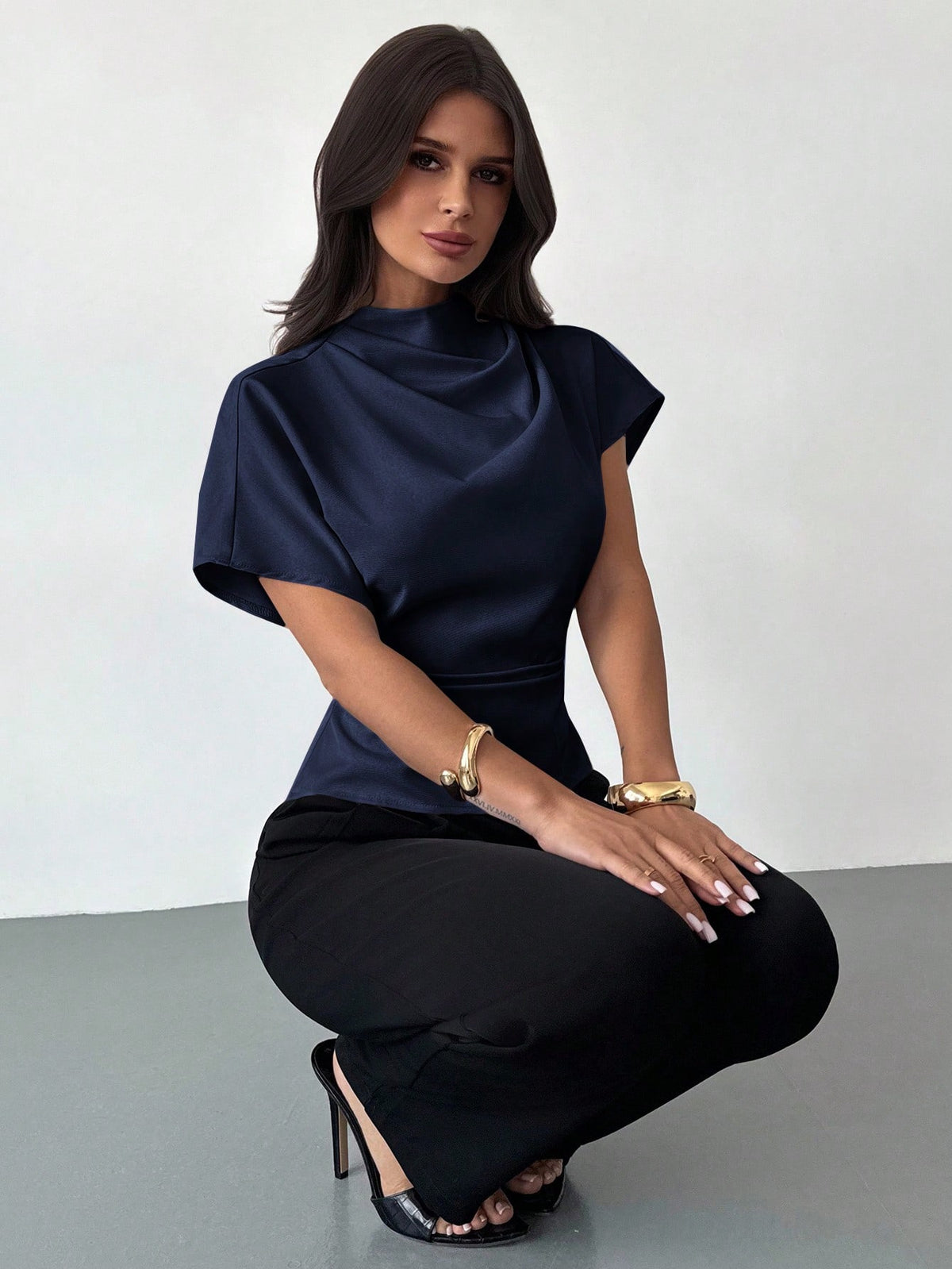 Firerie Navy Blue Summer Elegant Office Dinner Women's Linen Blouse,Crinkle Collar Asymmetrical Sleeve Side Ruched Cinched Waist Bamboo Fiber Commuter Top