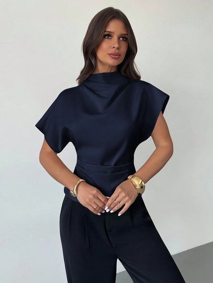 Firerie Navy Blue Summer Elegant Office Dinner Women's Linen Blouse,Crinkle Collar Asymmetrical Sleeve Side Ruched Cinched Waist Bamboo Fiber Commuter Top