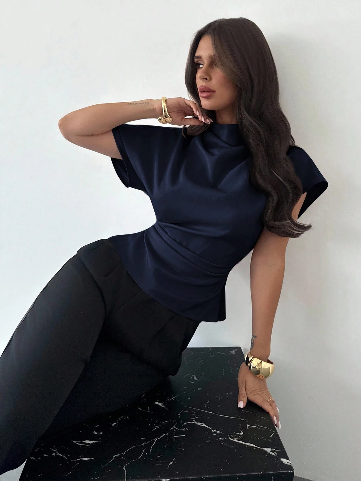 Firerie Navy Blue Summer Elegant Office Dinner Women's Linen Blouse,Crinkle Collar Asymmetrical Sleeve Side Ruched Cinched Waist Bamboo Fiber Commuter Top