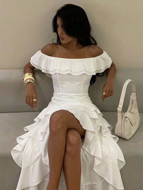 Firerie Off-Shoulder Ruffle Tiered Cake Skirt, White High Waist Cinched Waist Asymmetrical Slit Maxi Dress Vacation Summer Elegant