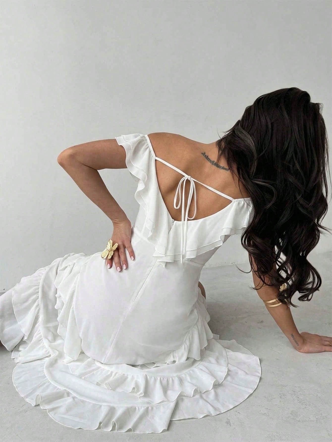 Firerie Off-Shoulder Ruffle Tiered Cake Skirt, White High Waist Cinched Waist Asymmetrical Slit Maxi Dress Vacation Summer Elegant