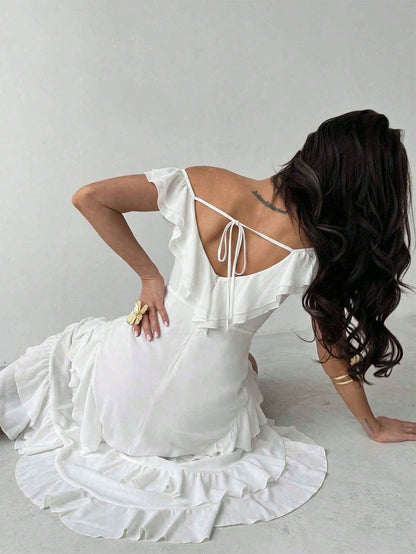 Firerie Off-Shoulder Ruffle Tiered Cake Skirt, White High Waist Cinched Waist Asymmetrical Slit Maxi Dress Vacation Summer Elegant