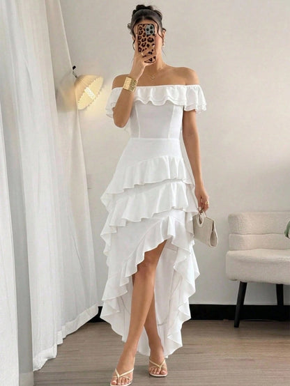 Firerie Off-Shoulder Ruffle Tiered Cake Skirt, White High Waist Cinched Waist Asymmetrical Slit Maxi Dress Vacation Summer Elegant