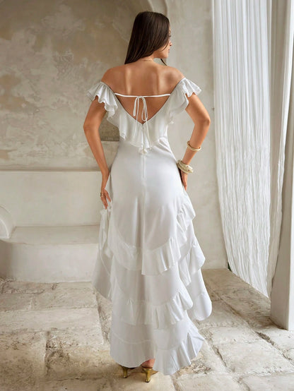 Firerie Off-Shoulder Ruffle Tiered Cake Skirt, White High Waist Cinched Waist Asymmetrical Slit Maxi Dress Vacation Summer Elegant
