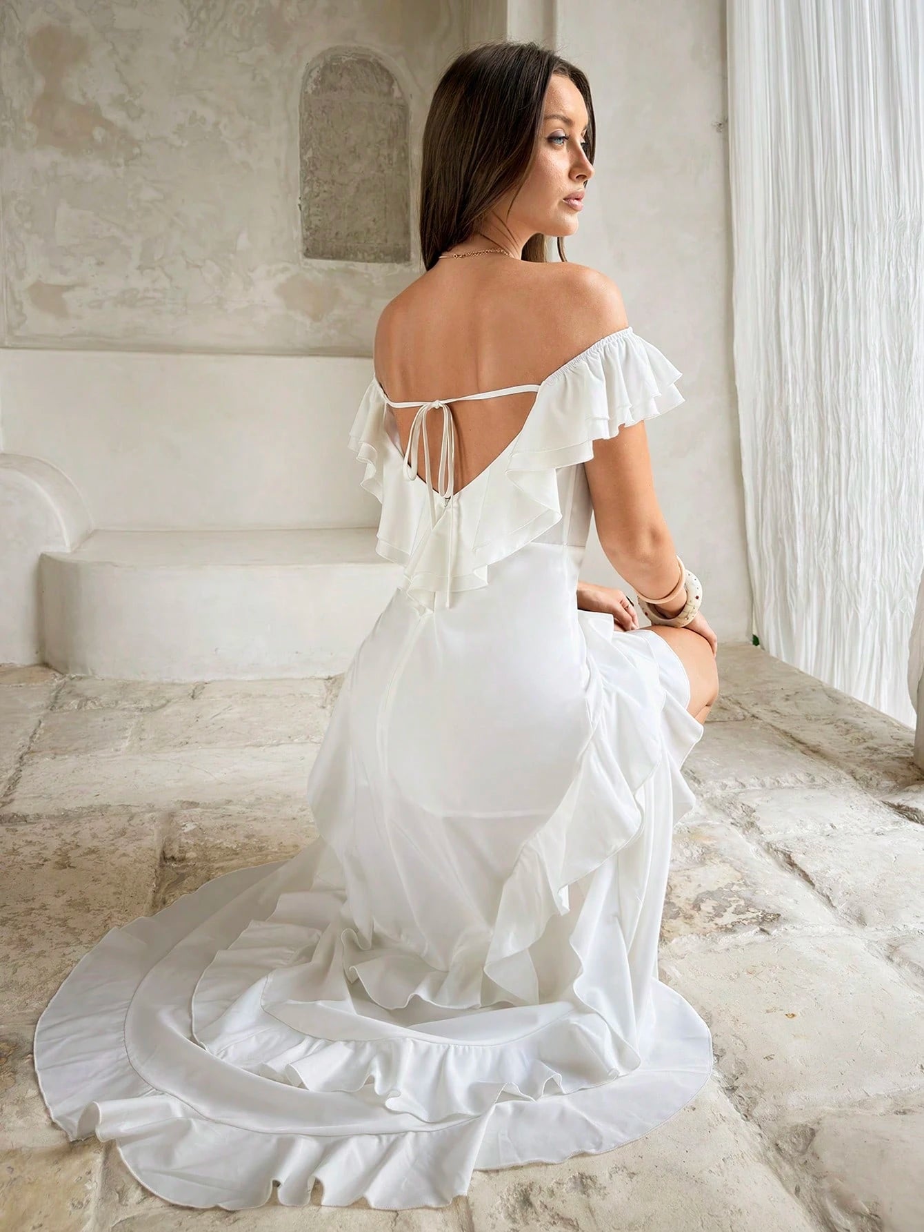 Firerie Off-Shoulder Ruffle Tiered Cake Skirt, White High Waist Cinched Waist Asymmetrical Slit Maxi Dress Vacation Summer Elegant