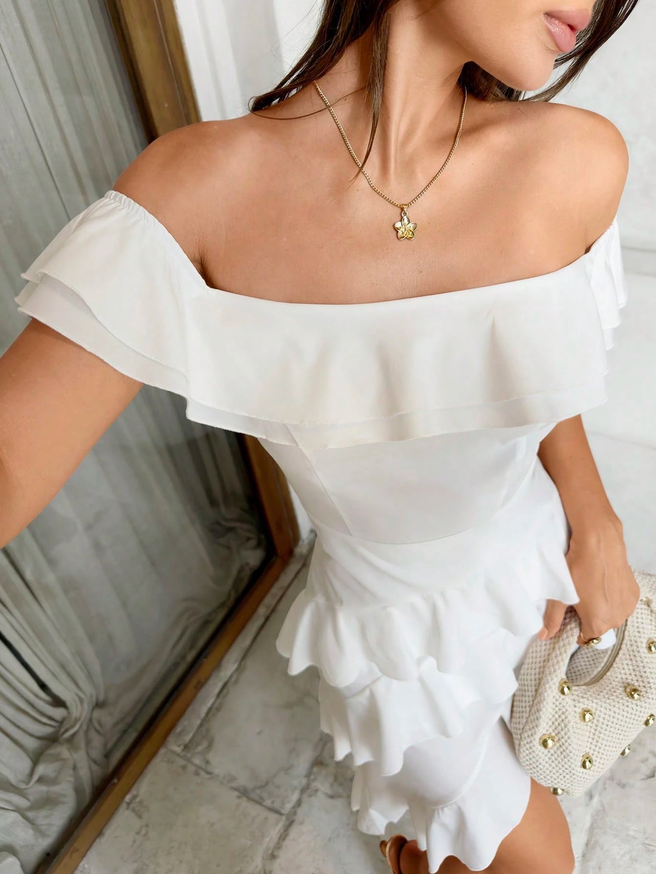 Firerie Off-Shoulder Ruffle Tiered Cake Skirt, White High Waist Cinched Waist Asymmetrical Slit Maxi Dress Vacation Summer Elegant