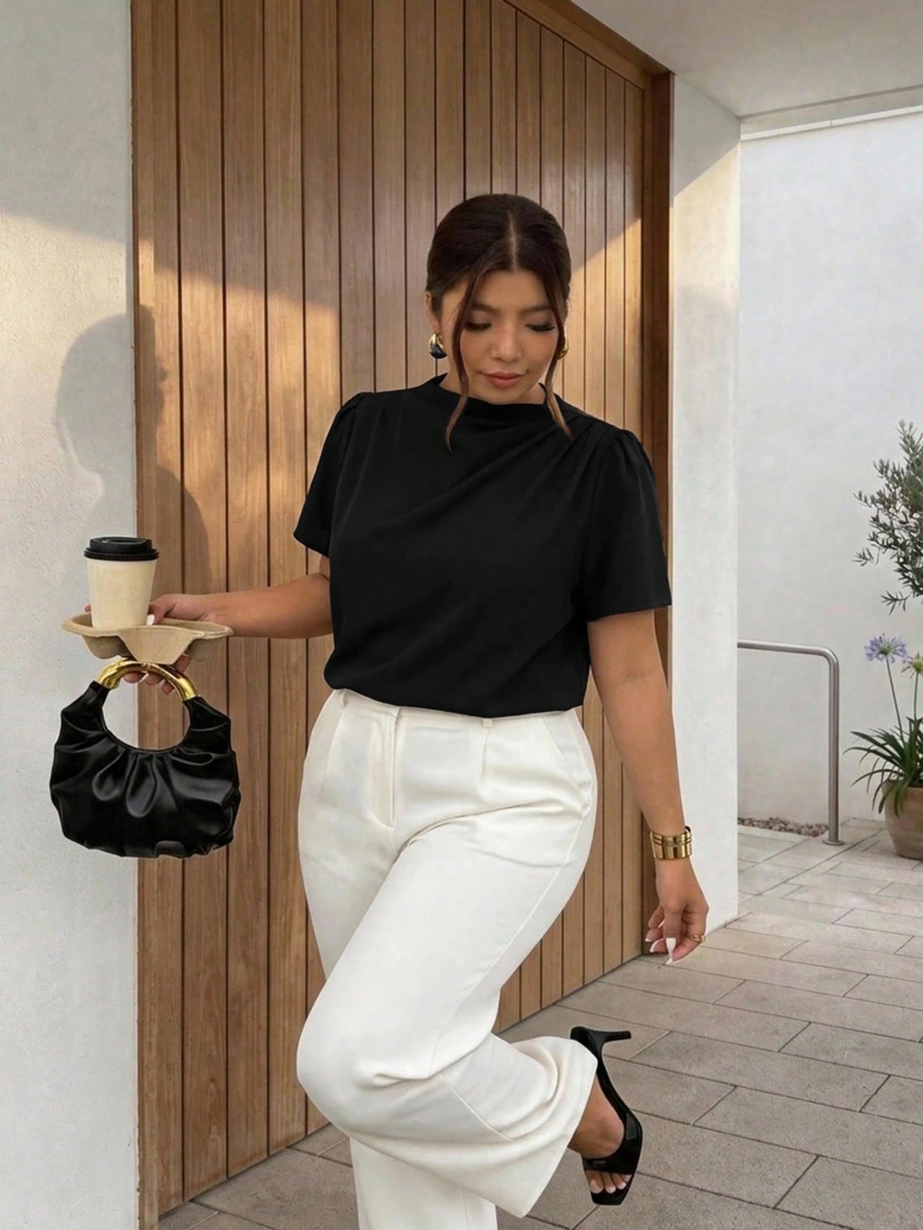 Firerie Plus Size Women's Fashion Elegant Business Casual Office Formal Commute Black Collar Shoulder Ruffle Puff Sleeve Blouse Summer Teachers' Day