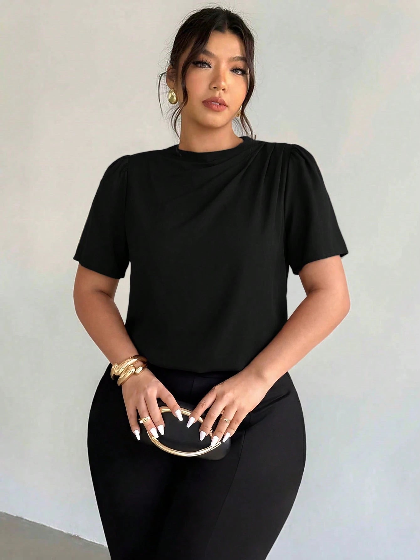 Firerie Plus Size Women's Fashion Elegant Business Casual Office Formal Commute Black Collar Shoulder Ruffle Puff Sleeve Blouse Summer Teachers' Day