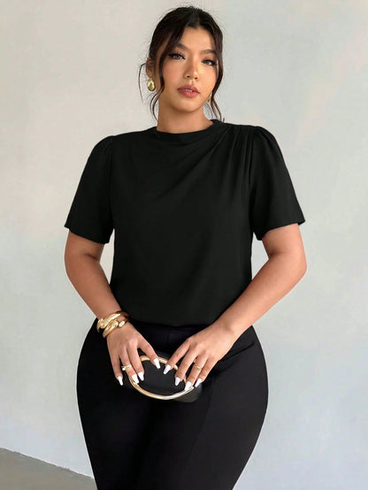 Firerie Plus Size Women's Fashion Elegant Business Casual Office Formal Commute Black Collar Shoulder Ruffle Puff Sleeve Blouse Summer Teachers' Day