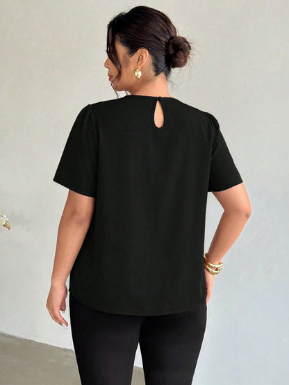 Firerie Plus Size Women's Fashion Elegant Business Casual Office Formal Commute Black Collar Shoulder Ruffle Puff Sleeve Blouse Summer Teachers' Day