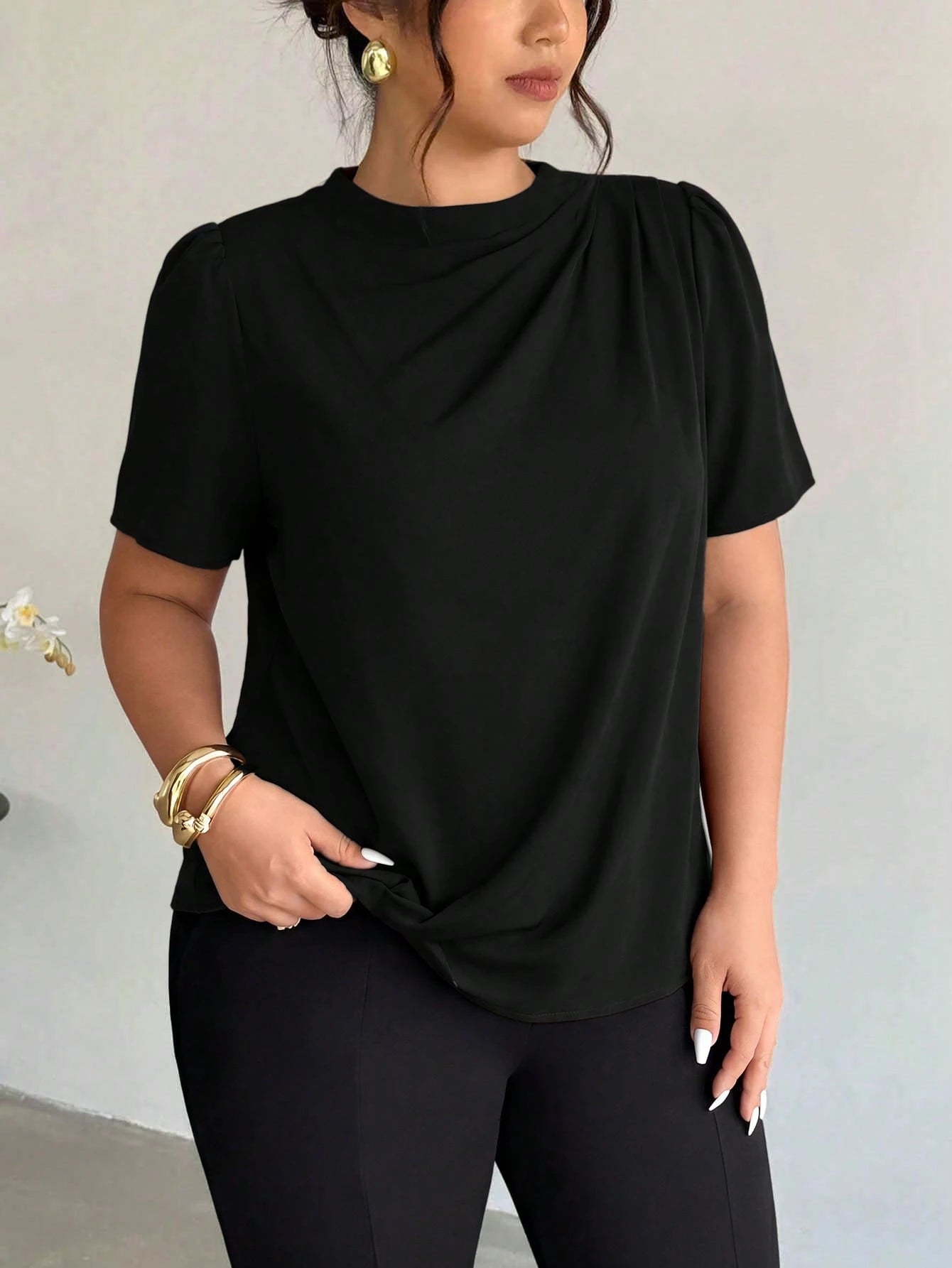 Firerie Plus Size Women's Fashion Elegant Business Casual Office Formal Commute Black Collar Shoulder Ruffle Puff Sleeve Blouse Summer Teachers' Day
