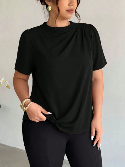 Firerie Plus Size Women's Fashion Elegant Business Casual Office Formal Commute Black Collar Shoulder Ruffle Puff Sleeve Blouse Summer Teachers' Day