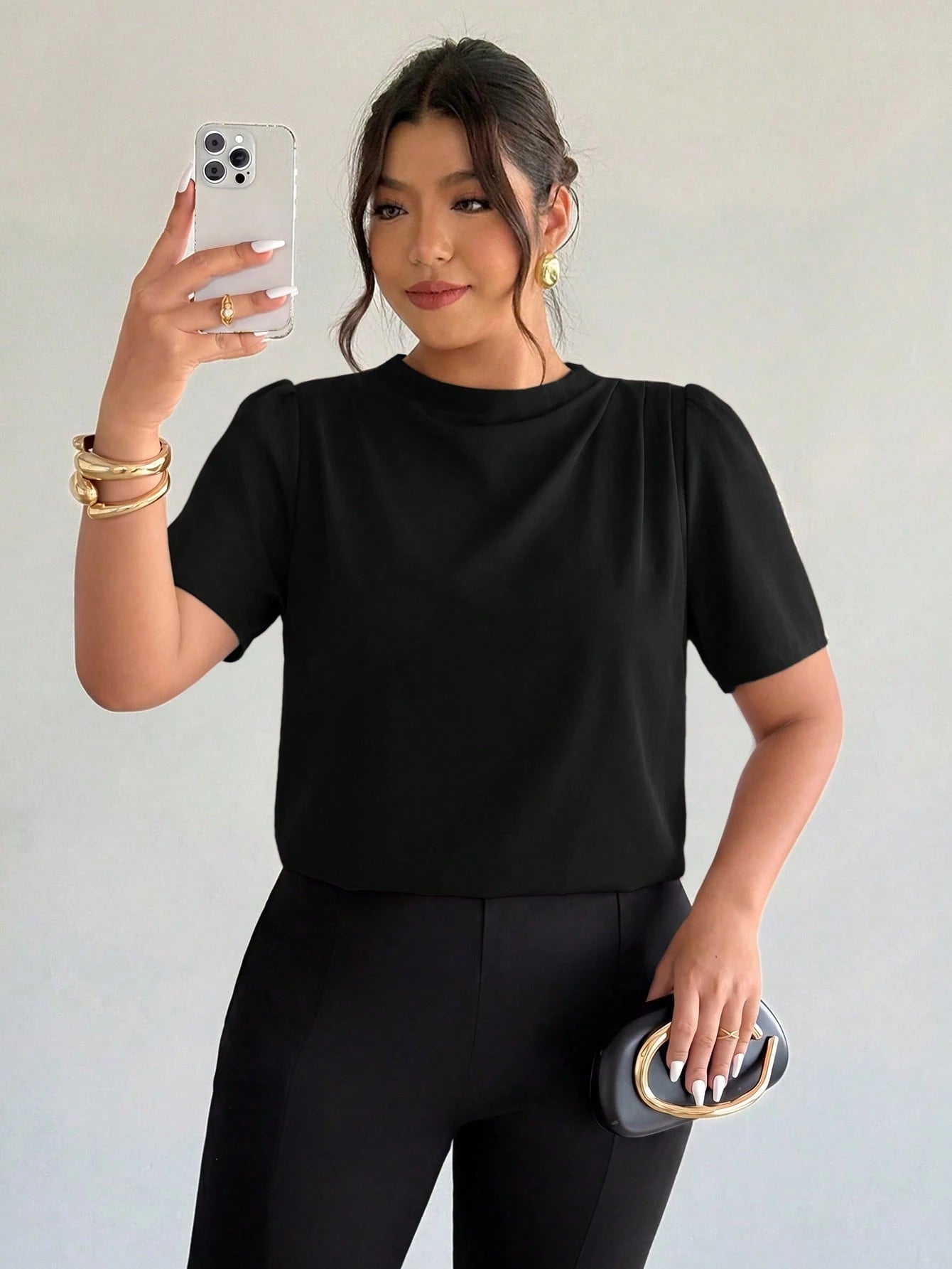 Firerie Plus Size Women's Fashion Elegant Business Casual Office Formal Commute Black Collar Shoulder Ruffle Puff Sleeve Blouse Summer Teachers' Day