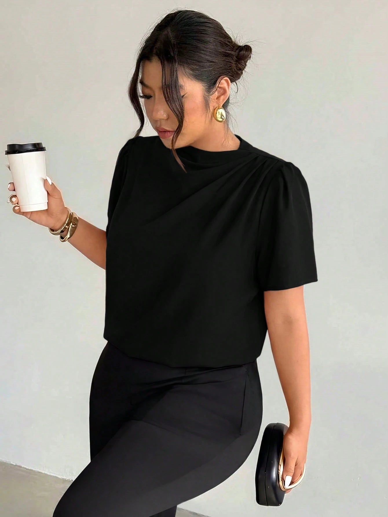 Firerie Plus Size Women's Fashion Elegant Business Casual Office Formal Commute Black Collar Shoulder Ruffle Puff Sleeve Blouse Summer Teachers' Day