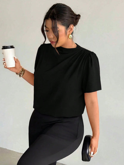 Firerie Plus Size Women's Fashion Elegant Business Casual Office Formal Commute Black Collar Shoulder Ruffle Puff Sleeve Blouse Summer Teachers' Day