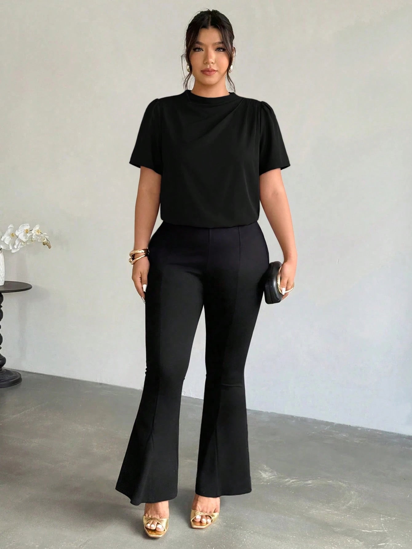 Firerie Plus Size Women's Fashion Elegant Business Casual Office Formal Commute Black Collar Shoulder Ruffle Puff Sleeve Blouse Summer Teachers' Day