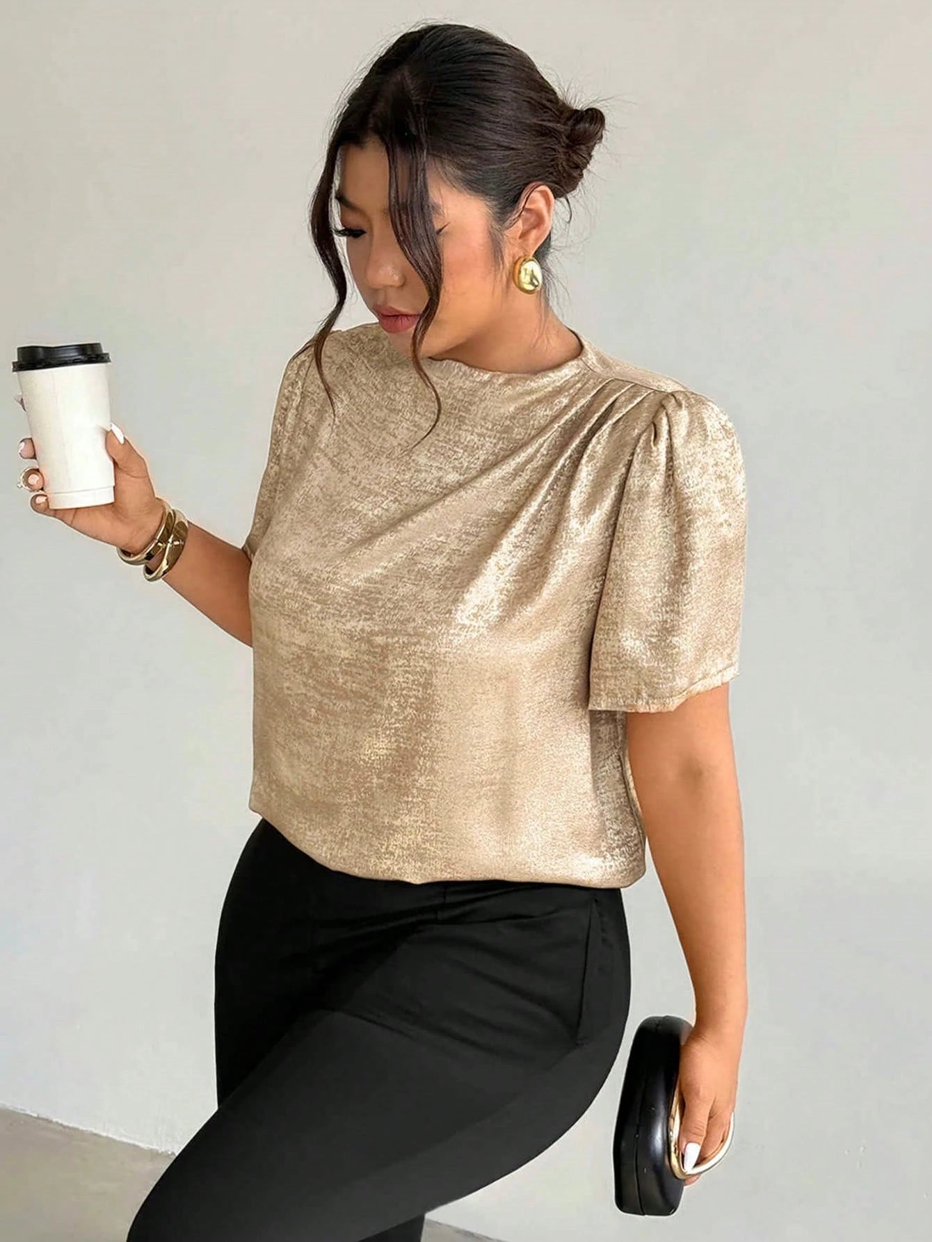 Firerie Plus Size Women's Fashion Elegant Business Casual Office Formal Commute Black Collar Shoulder Ruffle Puff Sleeve Blouse Summer Teachers' Day