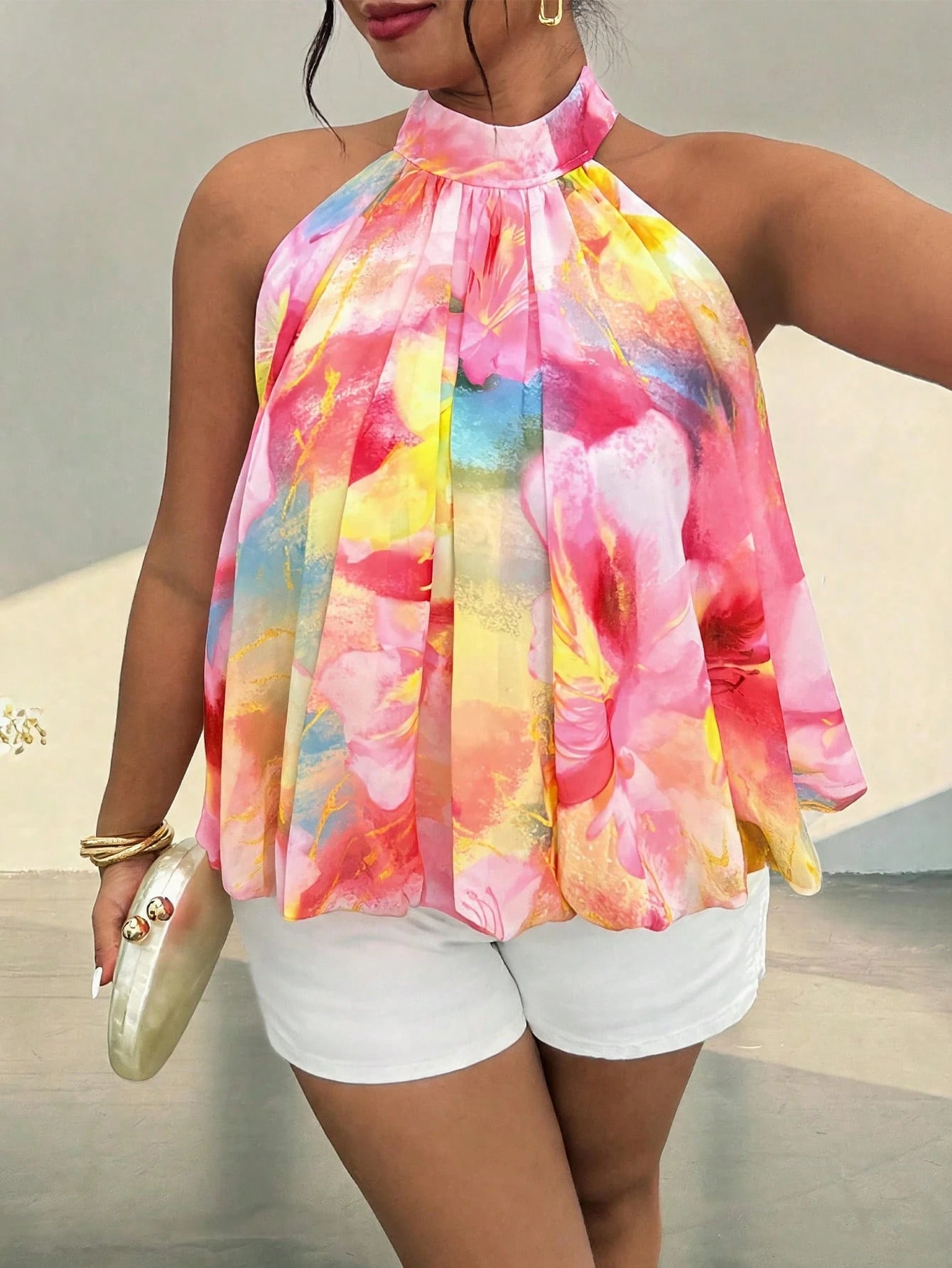 Firerie Plus Size Women's Sexy Backless Halter Floral Tie-Dye Print Blouse, Suitable For Beach & Holiday Casual Beach Vacation Blouse For Women