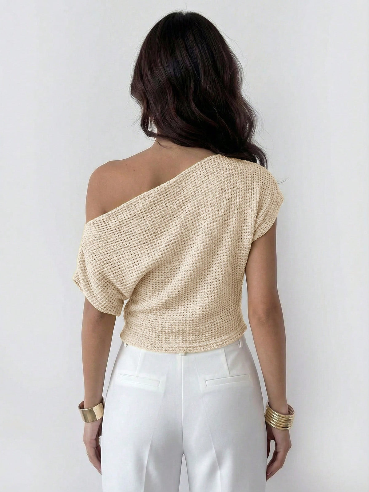 Firerie Women's Elegant Apricot Knit Tops,Textured Asymmetric Neckline Batwing Sleeve T-Shirt,Perforated Fabric Blouse For Summer Brunch Commute Daily Work